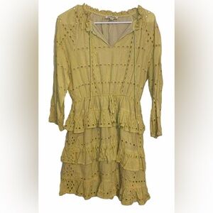 Listicle Boho 3/4 Sleeve Yellow Mustard Dress Eyelet Ruffle Size Medium